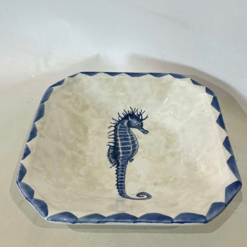Vintage Italian ceramic serving bowl with seahorse design and marble effect used