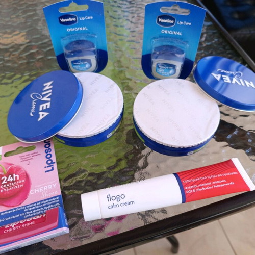 Nivea cream 2 Vaseline Original lip balms 2 Liposan Cherry Shine 1 Flogo cream for burns