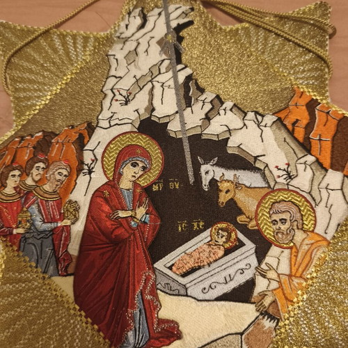 Handmade gold-embroidered epigonation like new with Nativity scene