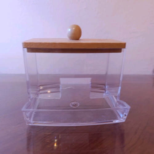 Acrylic cotton swab box with wooden lid like new