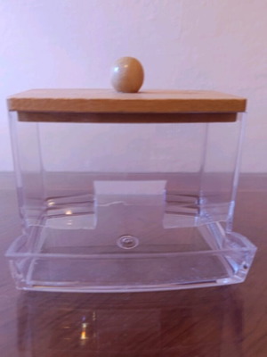 Acrylic cotton swab box with wooden lid like new
