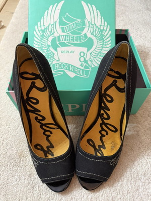 Replay black peep-toe pumps used, size 39, denim fabric