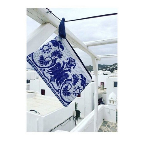 Handmade bag new with woven front white and blue
