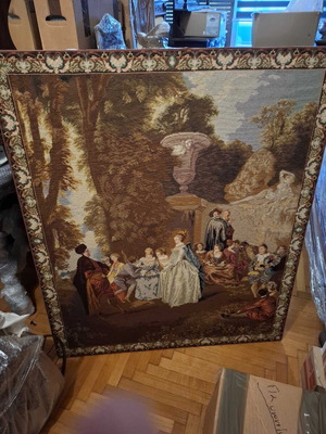 Χειροποίητη ταπισερί needlepoint με ροκοκό σκηνή κήπου σαν καινούργια, 100x120cm