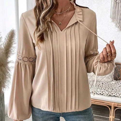 Women's beige blouse new with V-neck and gathered sleeves