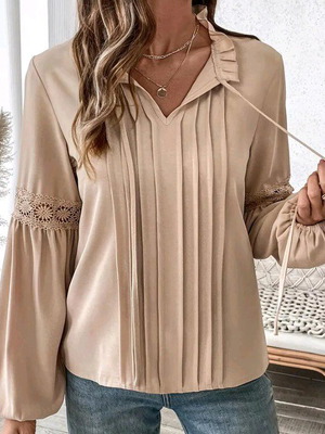 Women's beige blouse new with V-neck and gathered sleeves