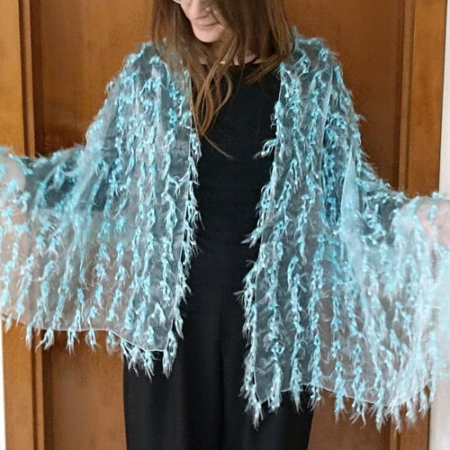 Blue scarf with fringes like new, lightweight and semi-transparent