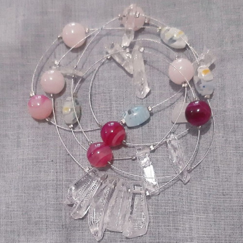 Kristine long necklace with natural pink and white stones, silver 925