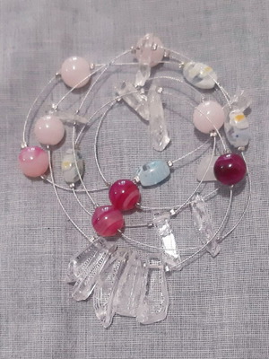 Kristine long necklace with natural pink and white stones, silver 925