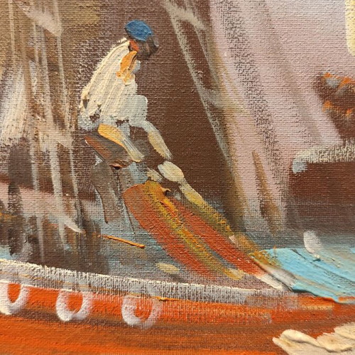 Oil painting used on canvas with seascape and fishing boats