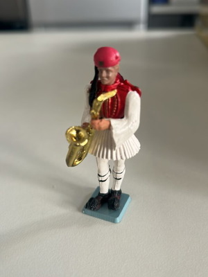 Athens Soldier Musician Figure New, 1980s Evzone with Gold Instrument