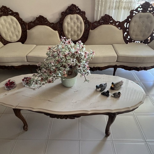 Carved Canadian Solid Wood Living Room Set like new with Marble Tables