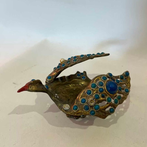Vintage brass peacock ashtray with decorative stones used