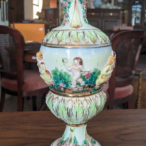 Capodimonte large vintage porcelain pitcher vase 1970s, 39 cm