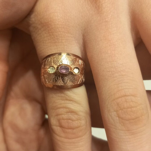 Rose gold ring 9 ct and silver with 2 brilliant 0.06 and 1 ruby 0.25 new