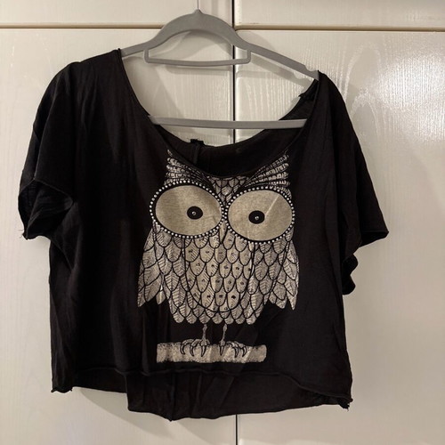 Crop summer blouse black with owl print, one size