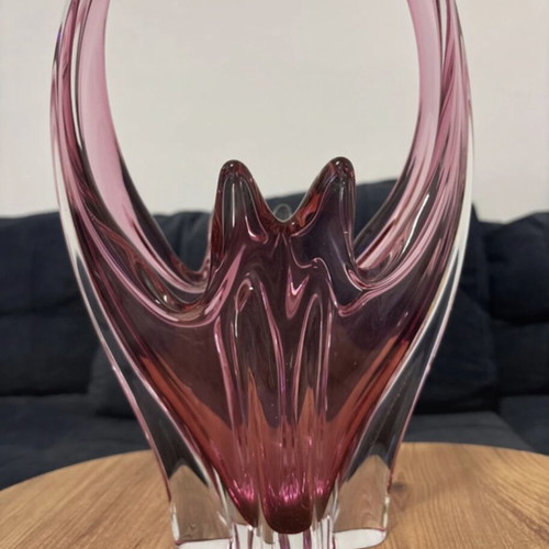 Josef Hospodka for Chřibská Pink Art Glass Basket Vase 1960s like new