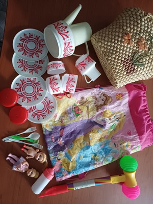Large vintage children's toy lot with 1980s tea set and accessories