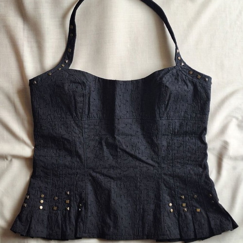 Karen Millen Vintage Y2K Small Black Broderie Anglaise Corset Halter Top like new