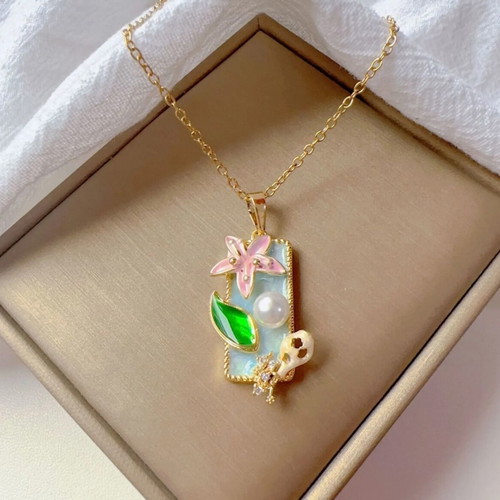 Vintage Camellia Necklace with Enamel, Pearl & Rhinestones, New