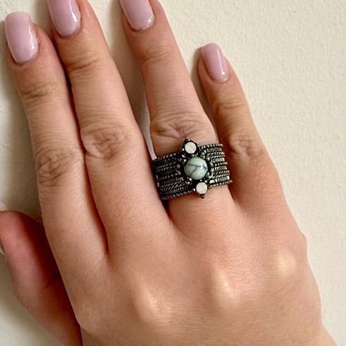 Vintage steel ring carved new with semi-precious gemstones