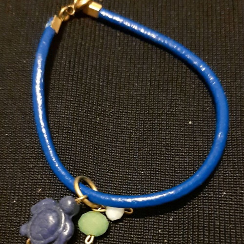 Blue turtle bracelet, genuine leather with copper charms, handmade