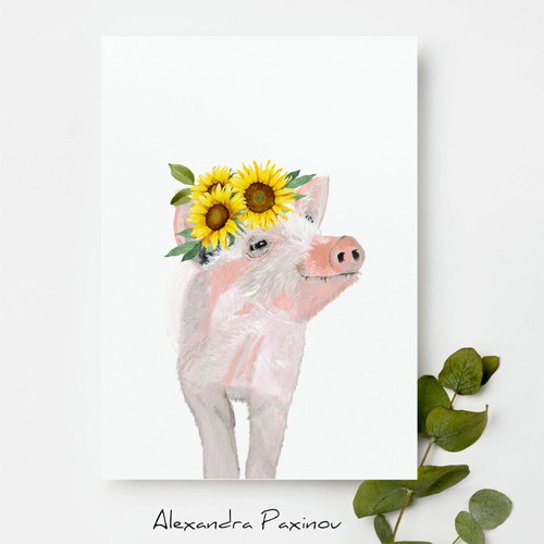 Piglet poster with sunflowers new for kids room decor