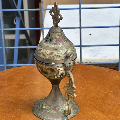 Vintage metal censer with cross, used, 17x10 cm