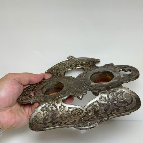 Antique double iron desk inkwell with baroque decoration