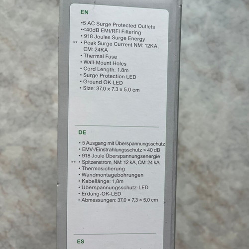 APC Schneider Electric power strip with switch, 5 outlets, surge protection