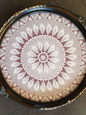 Serving tray with handmade crochet doily new