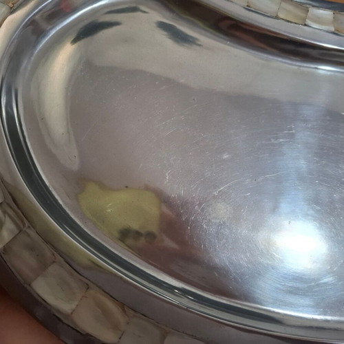 Decorative metal kidney-shaped tray with shell inlay like new