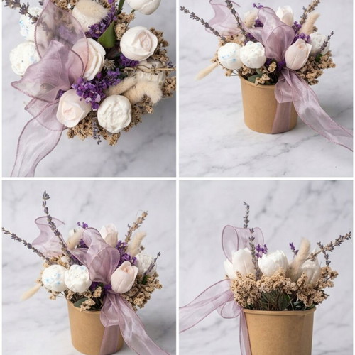 Wax flower bouquet in kraft pot, customizable color and scent