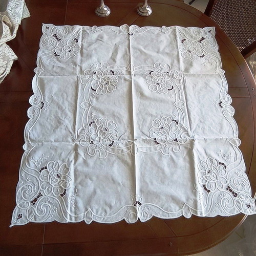 White embroidered tablecloth with cutwork and floral design vintage
