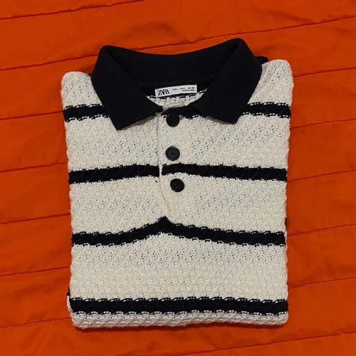 Zara striped knit polo sweater, size L, white and blue