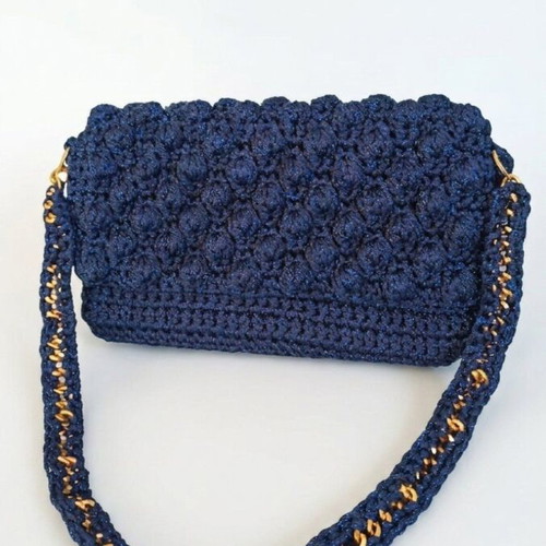 Handmade Crochet Blue Bubble Shoulder Bag new with gold chain