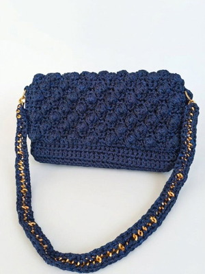 Handmade Crochet Blue Bubble Shoulder Bag new with gold chain