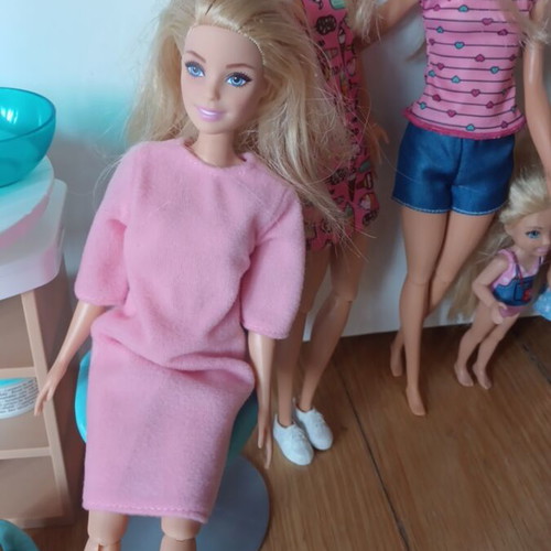 Barbie beauty studio with 4 dolls and dog, used
