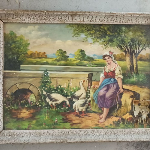 Rustic vintage oil painting The Goose Girl with geese, 35 x 46.5 cm framed