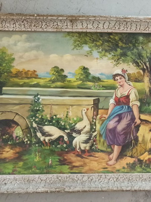 Rustic vintage oil painting The Goose Girl with geese, 35 x 46.5 cm framed