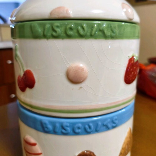 Omnishop two-tier ceramic biscuit jar like new with candy-shaped lid