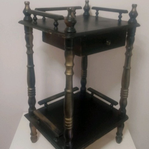 Wooden nightstand used vintage with two shelves and drawer