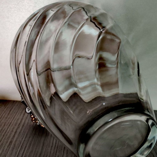 Crystal glass vase with metal grape and vine applique