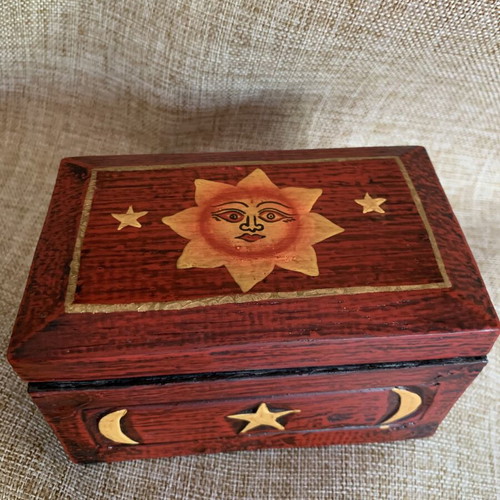 Handmade wooden jewelry box with sun and moon design, new