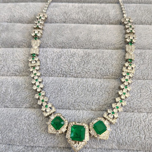 Necklace with white and green zircon stones silver plated like new