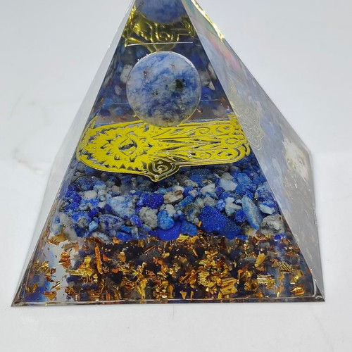 Orgonite pyramid with Lapis Lazuli, Sodalite and Hamsa hand like new