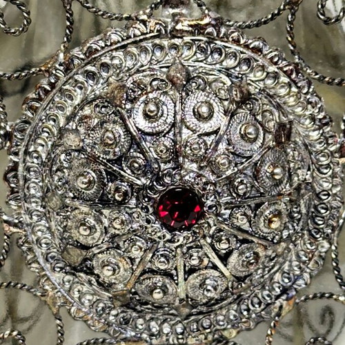 Vintage ornate handmade filigree glass bottle with red stones