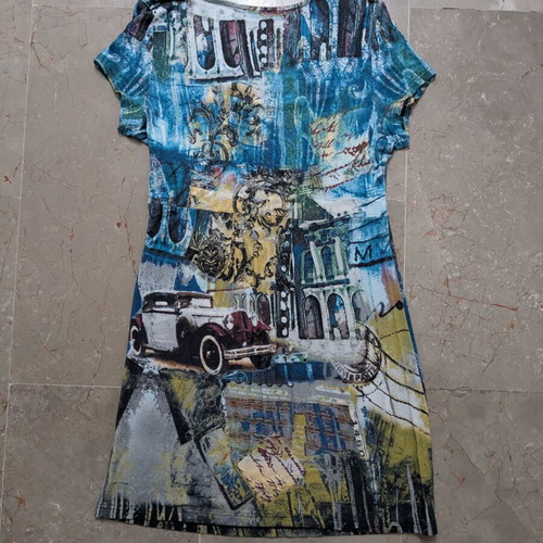 Taifun dress M like new, blue and yellow city print, cowl neck