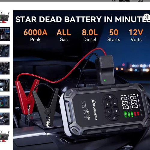 Popdeer PD-JA66 Car Battery Starter with Air Compressor 160PSI, LCD, USB