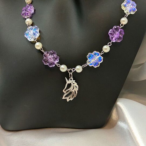 Handmade unicorn necklace new with glass flowers and imitation pearls